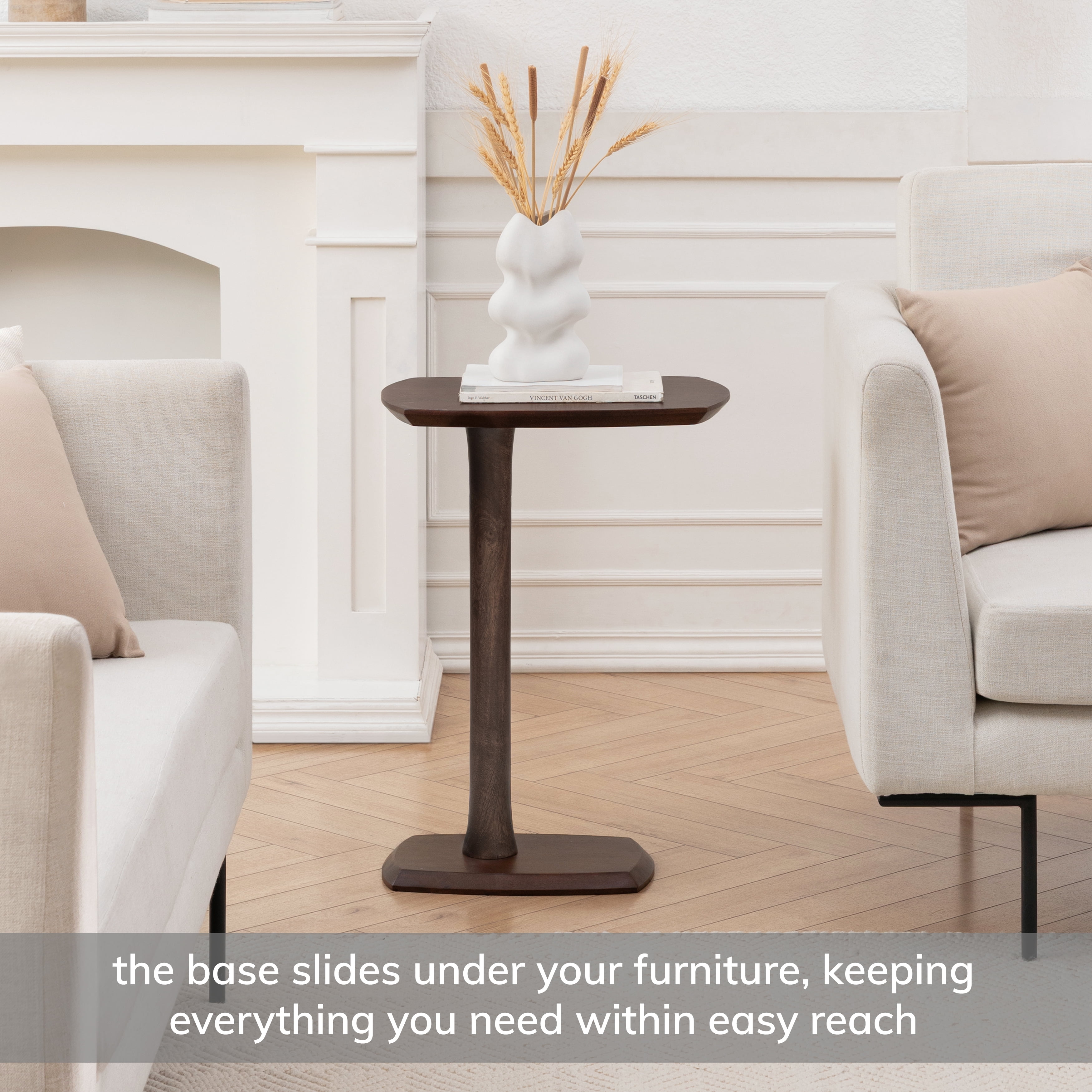 MH London Stirling Solid Mango Wood C-Shape End Table, Slide Under Sofa Side Table, 18 x 13.5 x 25 in, Espresso