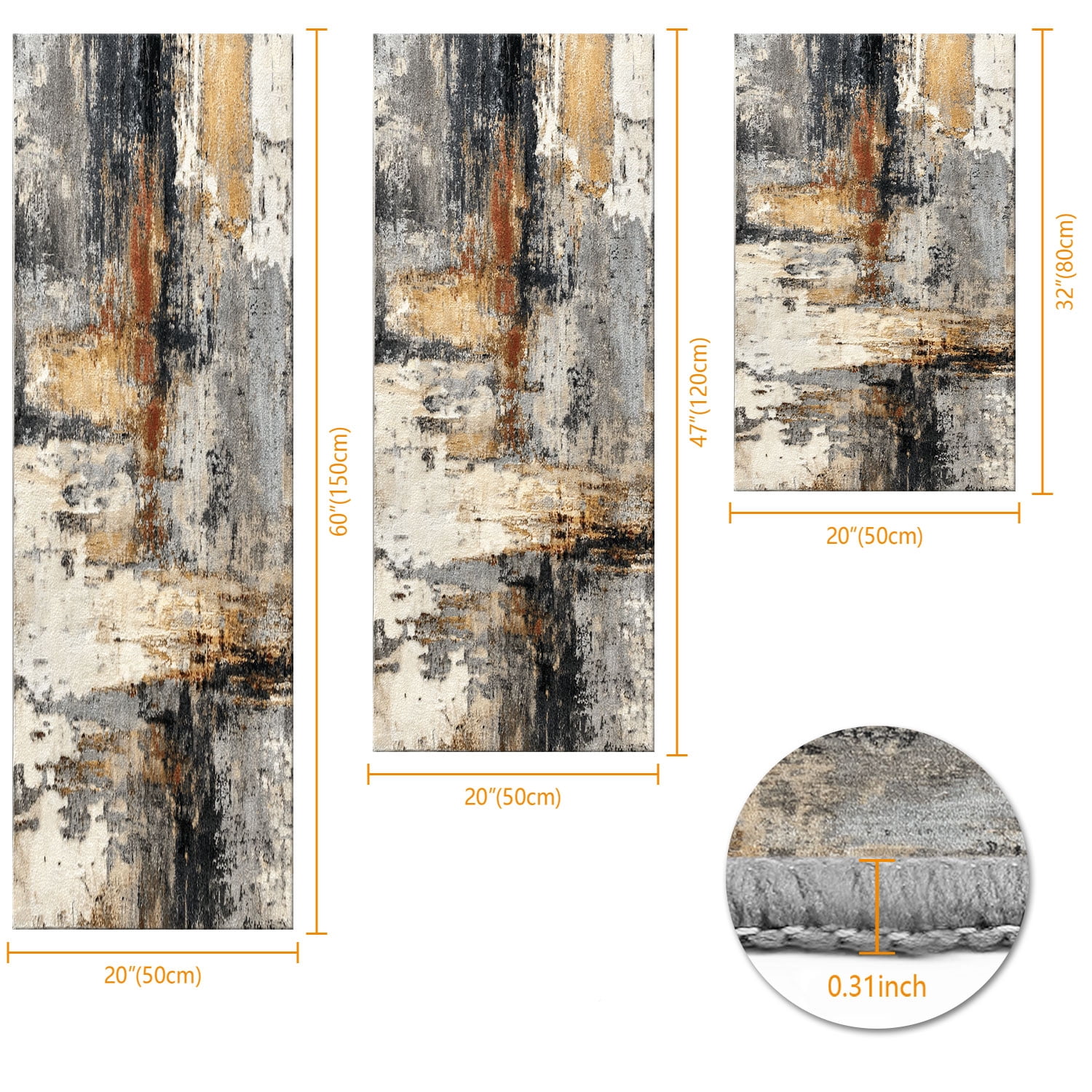 3-Piece Farmhouse Kitchen Rug Set, Washable Anti Slip Striped Floor Mats in 3 Sizes, Stain Resistant Decor Rugs for Kitchen Hallway Bathroom Home Christmas Decor