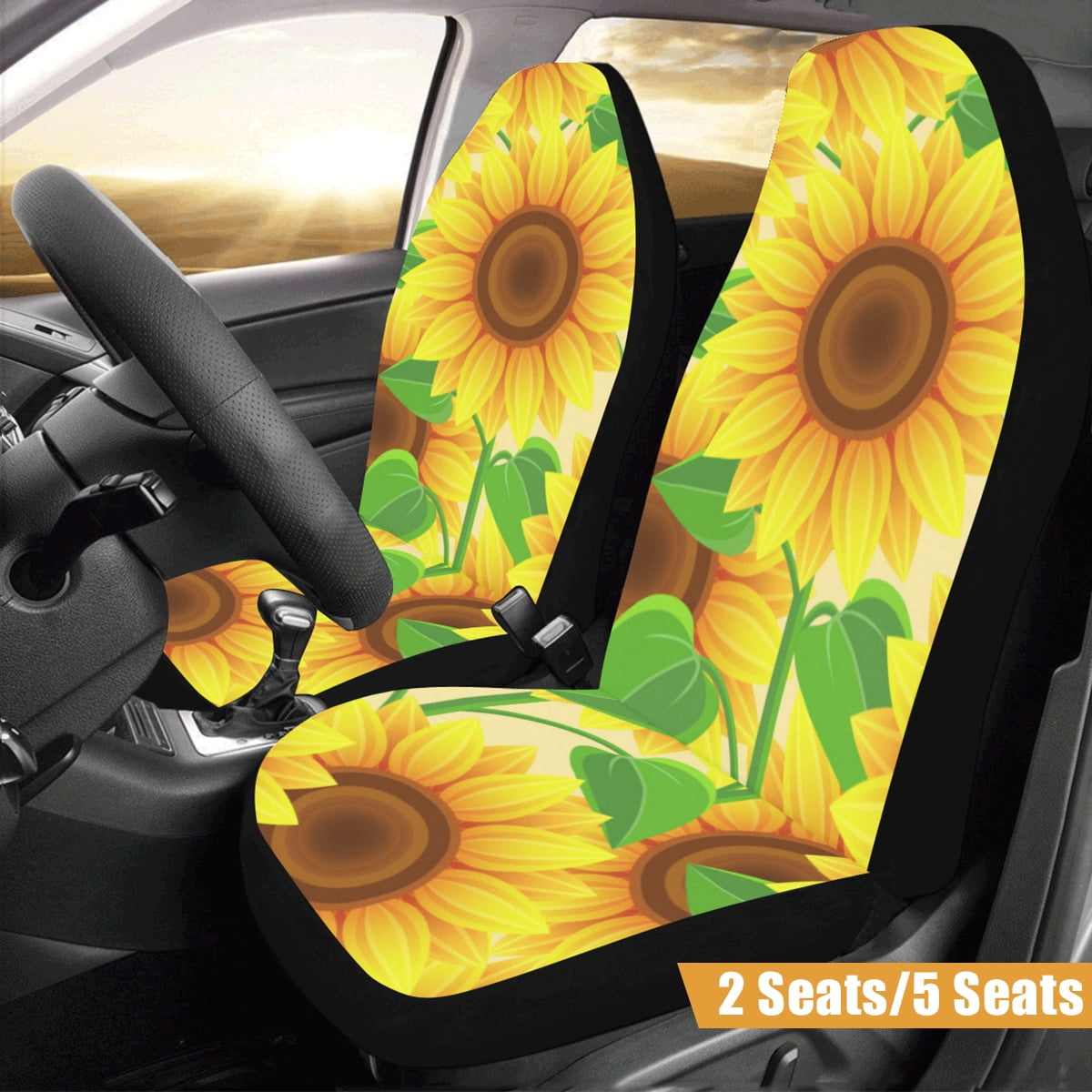 2 Seat/5Seats Cover Sunflower Printed Car Seat Covers Polyester Front & Rear Head Rests Full