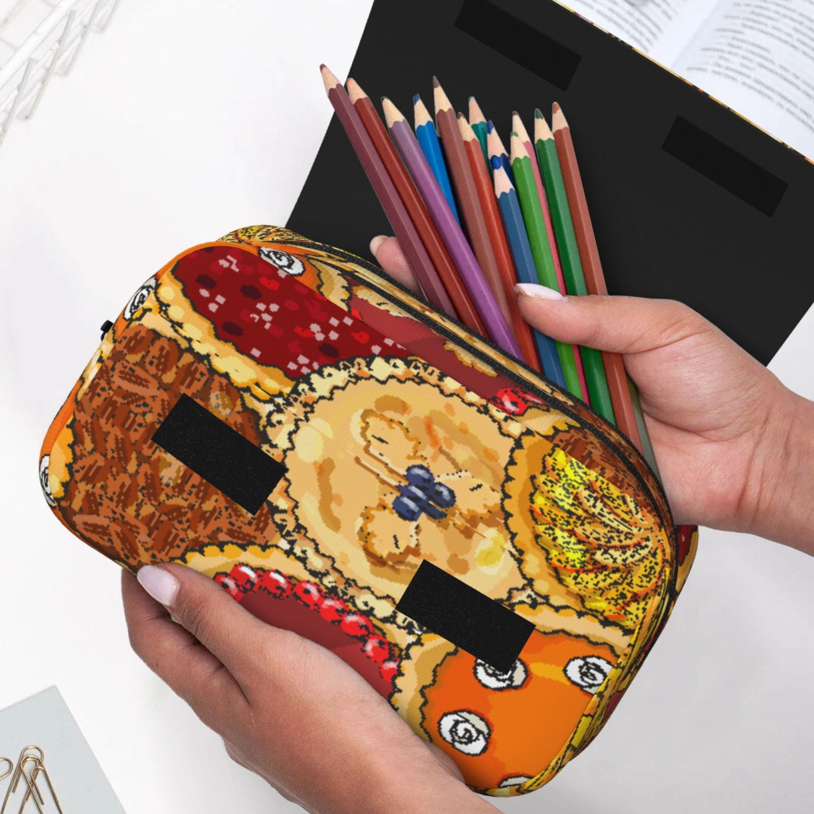 Rateoe Pies Pattern Double Clamshell Pen Case, Storage Organizer with Two Zipper Compartments– Holds Up to 50 Pencils & Pens