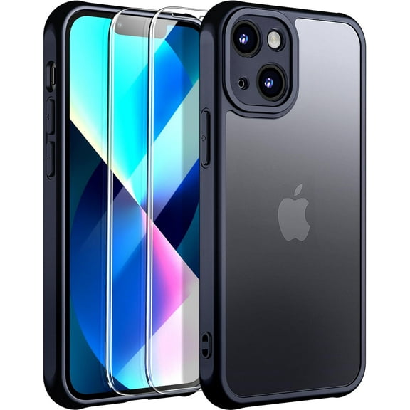 [3 in 1 for iPhone 13 Case, [Anti-Yellowing] [Military-Grade Protection] [with 2 pcs Screen Protector] Full-Body Matte Protective Phone Case. (Black)