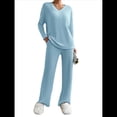 thumbnail image 3 of Conjunto de Pijama de Dos Piezas de Punto Acanalado para Mujer: Suéter de Larga y Pantalón . Azul M, 3 of 9