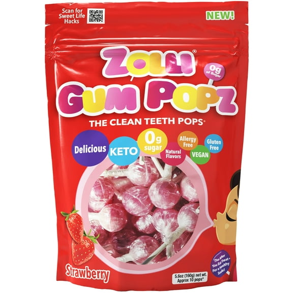 ZOLLIPOPS GUM Pops 5.6oz - Sugar Free, Allergen Free, Keto & Diabetic Friendly Strawberry Lollipops with Gum in a Convenient Resealable Pouch