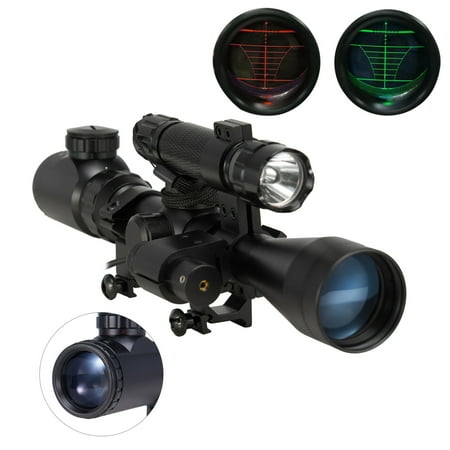 Dark Tan Combo - Pinty 3 in 1 Tactical 3-9X40 Red Green Mil-Dot Illumination Reticle Riflescope Scope Combo with Laser Sight and Torch for Hunting