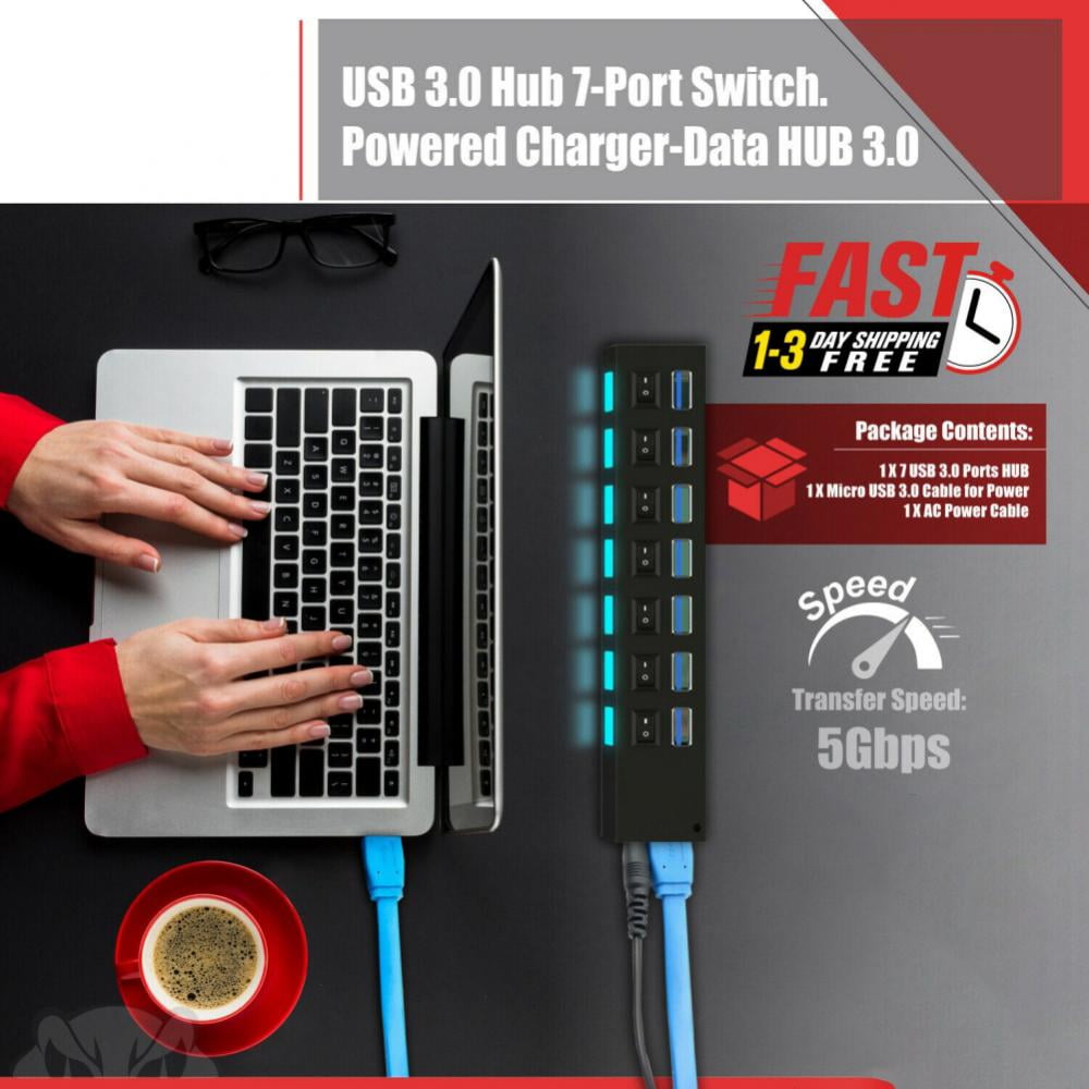 USB Hub 3.0 Splitter, 7-Ports USB Adapter with Individual ON/Off Switches and LEDs, Multi-Port USB Data Hub for PC, Mac, Laptop, Surface, and More