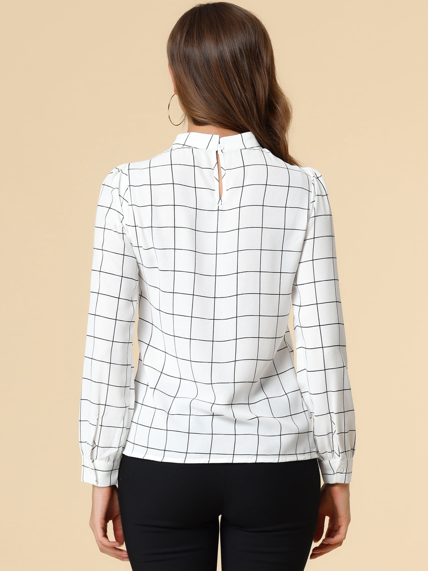 DARING DIVA Bow-Tie Neck Office Work Checks Shirt Top XS White