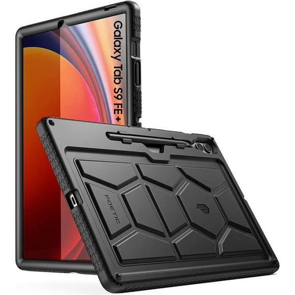 Poetic Étui en Peau de Tortue pour Samsung Galaxy Tab S9 FE+ Plus (Version 2023) Étui de 12,4 Pouces avec Porte-Stylo, Résistant aux Chocs Enfants Couvercle de Protection en Silicone, Noir