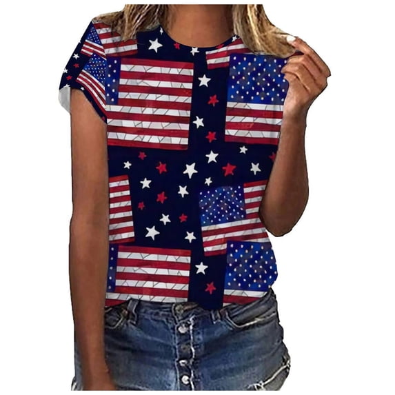 IROINNID Patriotic Shirts for Women Round Neck T-Shirt America Independence Day Blouse Tops Short Sleeve Tops