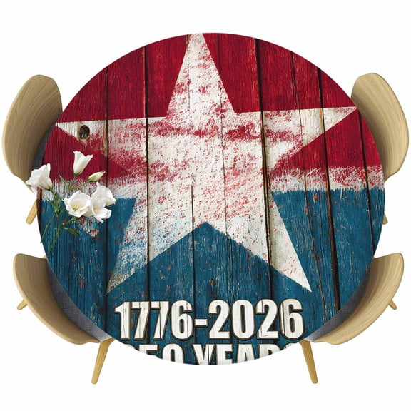 Years USA Round Tablecloth 55-60 Inch Round Fitted Table Cloth with Elastic Edge, Independence Day Red Blue Star Wooden Waterproof Table Cover Protector for Outdoor Picnic Party Dining