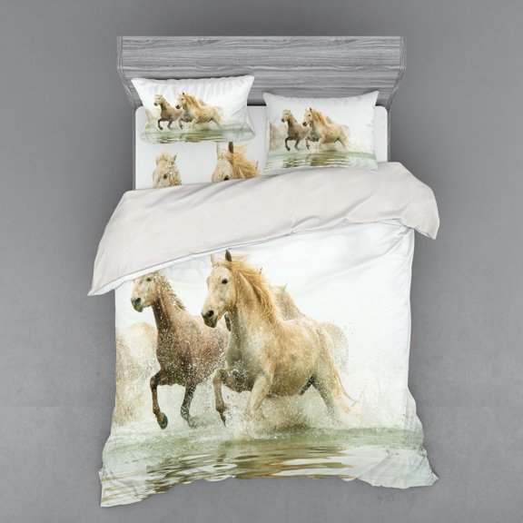 Ambesonne White Bedding Set 4 Pcs, Camargue Horses in Water, Queen, White Beige