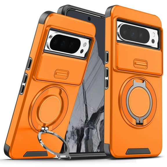 Allytechgroup Magnetic Case For Google Pixel 9 / 9 Pro with Slide Camera Cover, [1x Screen Protector] 360° Rotated Ring Kickstand Magnetic Car Mount Suppor Shockproof Protective Cover, Orange