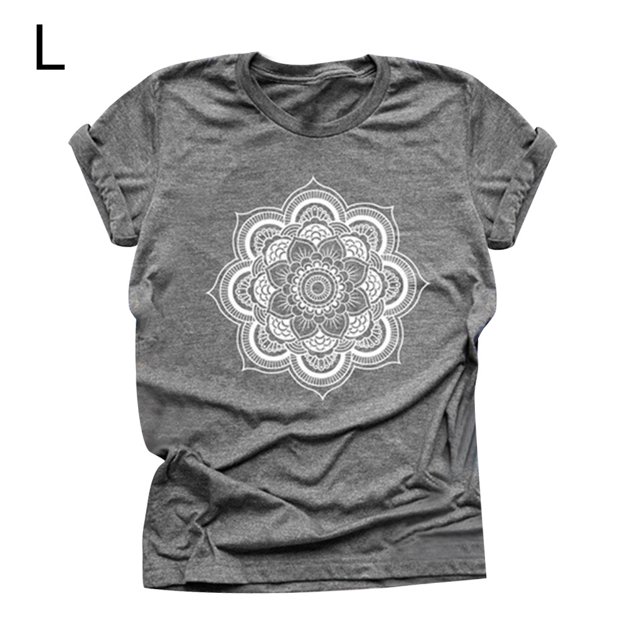 Camiseta de mujer Blusa de verano con cuello redondo y manga corta floral, gris claro, L Jumpingount AP002559-09