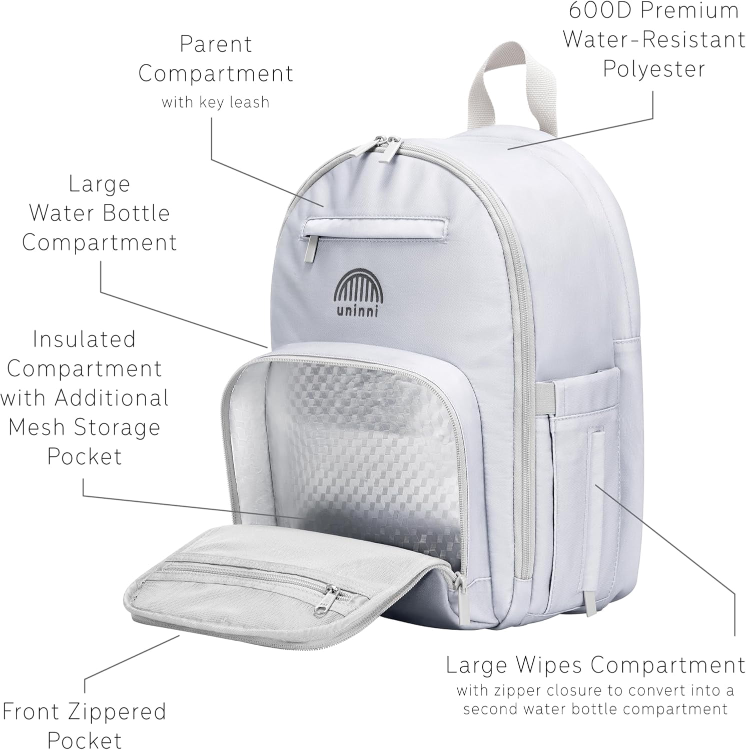uninni Diaper Baby Bag Backpack for Moms and Dads with Baby Boys and Girls, Portable Changing Pad, Removable Pacifier Case - Grey, 15"