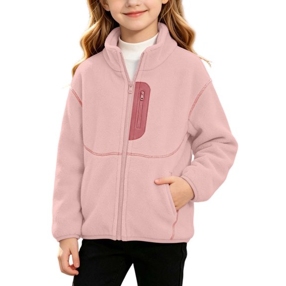 Girls Fleece Jacket Sherpa Fall Winter Full Zip Fuzzy Coat Warm Stand Collar Long Sleeve Thermal Outerwear with Pockets for Cold Weather, Age 3-15 Years