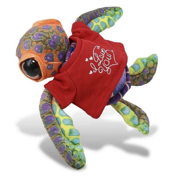 DolliBu I LOVE YOU Colorful Sea Turtle Plush- Cute Turtle Plush Stuffed Animal with I Love You Red Shirt For Valentine, Anniversary, Romantic Date, Boyfriend, or Girlfriend Gift - 10 inches