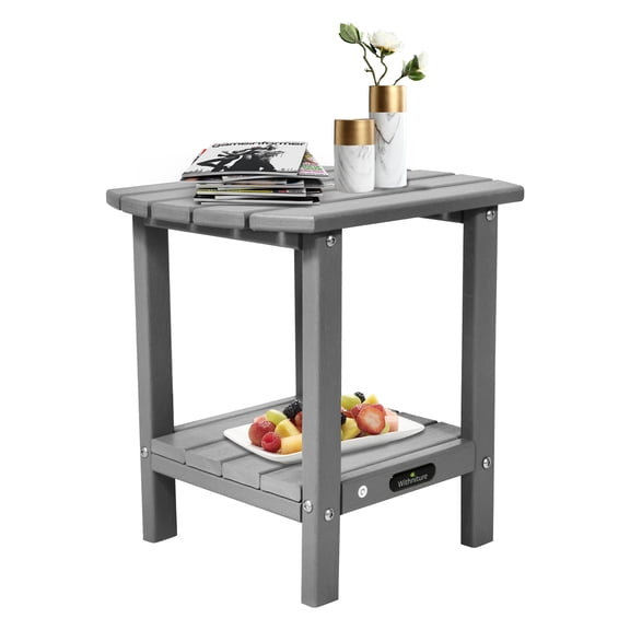 Withniture Weatherproof 2-Tier Patio Side Table, HDPE Plastic End Table with Wood Grain, Multi-Use Outdoor Table for Garden, Pool, Porch & Home (Gray)