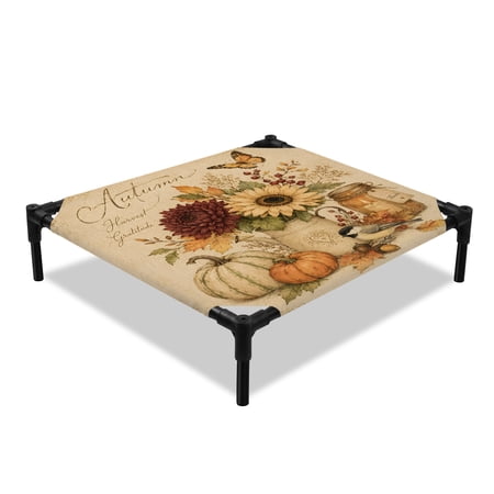 Autumn Elevated Dog Bed Dahlia Flowers Pumpkins Butterfly Bird Botanical Cooling Breathable Outdoor Raised Dog Cot Bed with Metal Frame Non-Slip Feet for Small Dog 20x20in