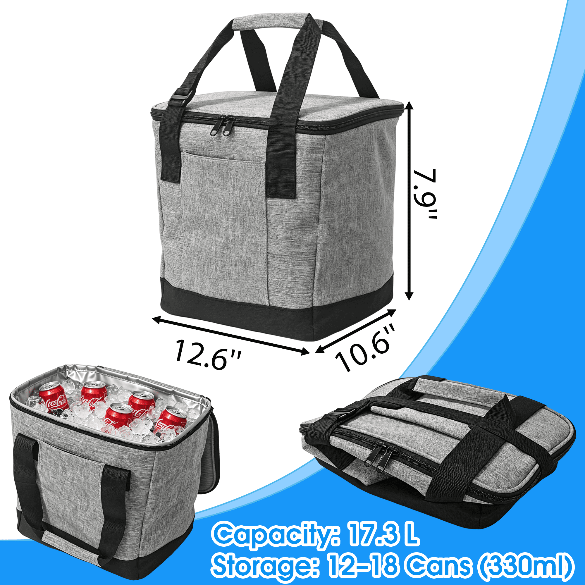 GARITIN Cooler Bag, Foldable Insulated Bag for Travel, Beach, Picnic, Road Trips, Holds Up to 18 Cans, Leakproof Soft Carry Cooler