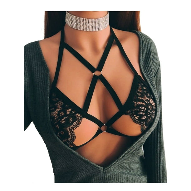 Women Hollow Cage Harness Bra Push Up See-through Lace Halter Bandage Black  Bralette Bustier 