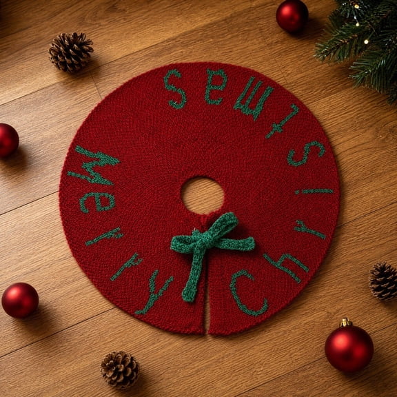 Mini Knitted Christmas Tree Skirt, Small Red Xmas Tree Mat, Soft Polyester Tabletop Base Mat for Desktop Holiday Decor for Home Fireplace Mantel Ornament Small Desktop Tree
