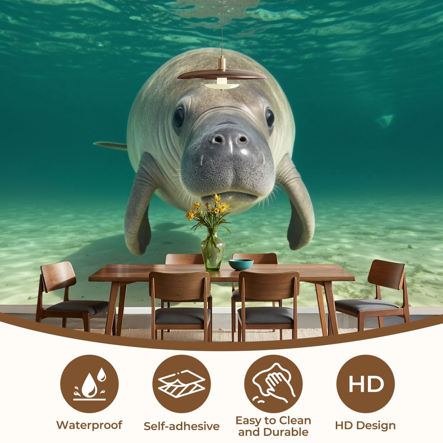 Wall Mural Peel and Stick Manatee Portrait Self-Adhesive Wallpaper Removable Wall Decal Wall Sticker Home Decor for Living Room Bedroom 100"x144"