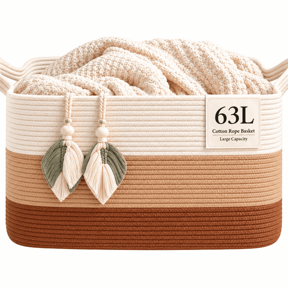 HAWQP Large Blanket Basket , 21.6"x 14.9" Woven Storage Basket with Handles , Laundry Basket for Living Room Bedroom Bathroom,Toys Storage Basket & Laundry Hamper-White & Light Brown