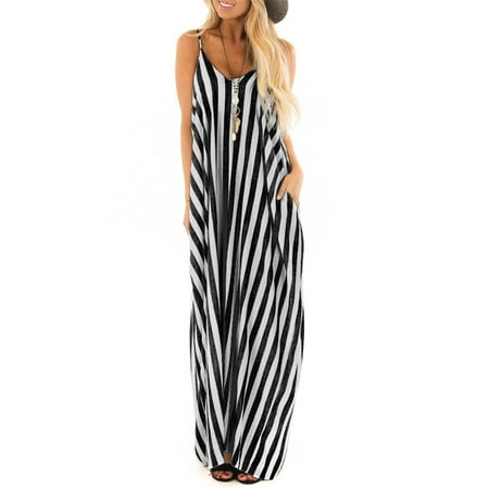 Summer Holiday Women Strappy Cami Striped Long Boho Dress Ladies Beach Maxi