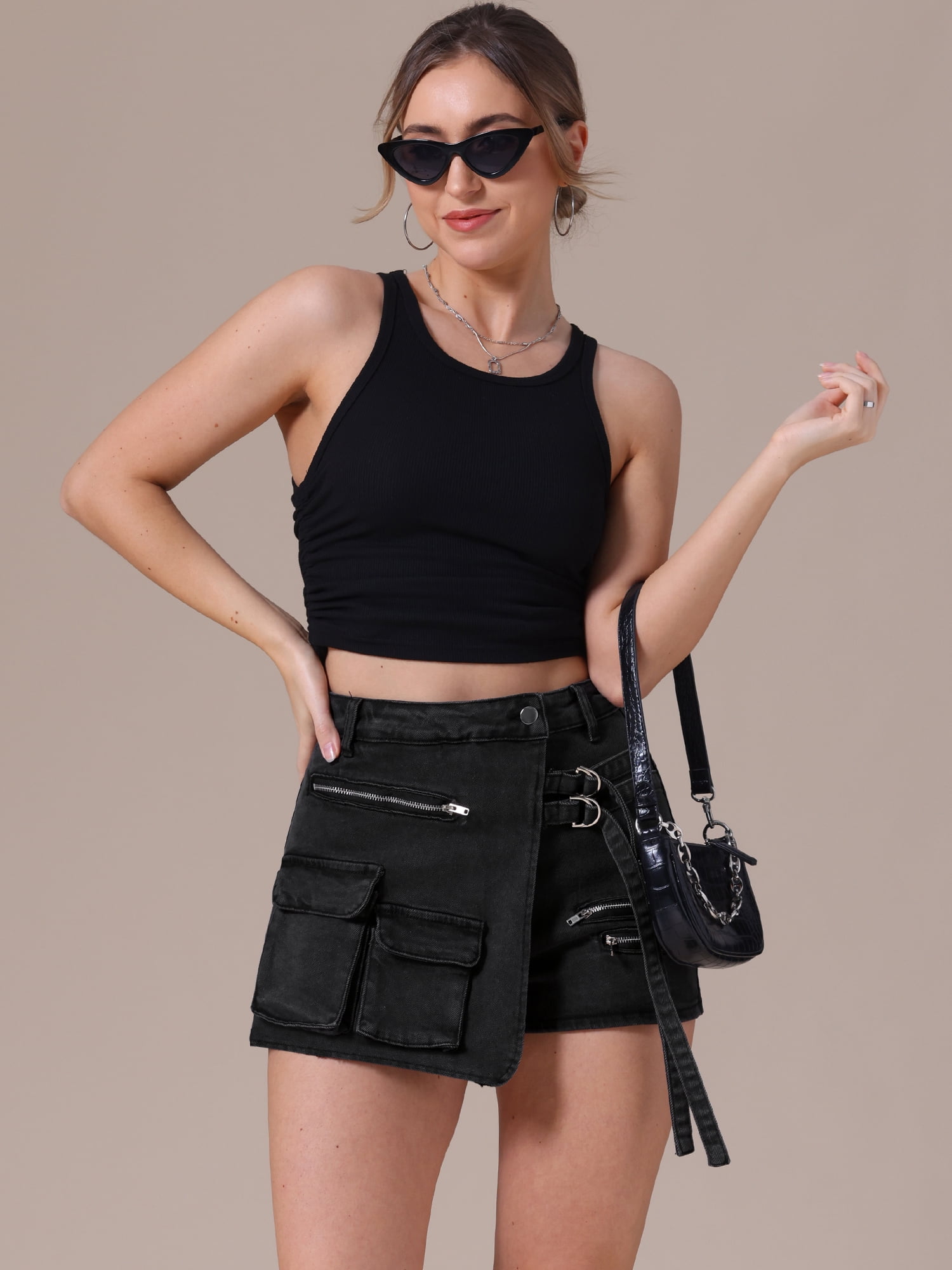 DARING DIVA Women's High Waist Western Asymmetrical Denim Cargo Skirt Shorts L Black
