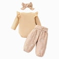 thumbnail image 3 of NOLDARES Newborn Baby Girl Clothes Infant Romper Fall Winter Outfits Gifts for Girls Cute Bell Bottoms Pant Sets 3Pc(Beige,0-3 M), 3 of 9