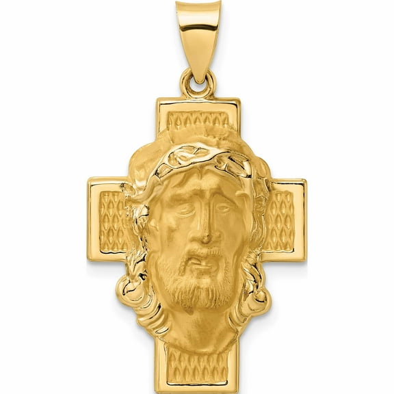 14K Yellow Gold Polished And Satin Hollow Jesus Face Cross Pendant Made In United States -Jewelry By Sweet Pea
