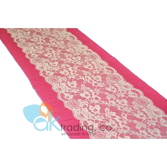 AK-Trading Fuchsia Hot Pink Burlap & Lace Table Runner - 9" Lace (Black Lace, 12x120)