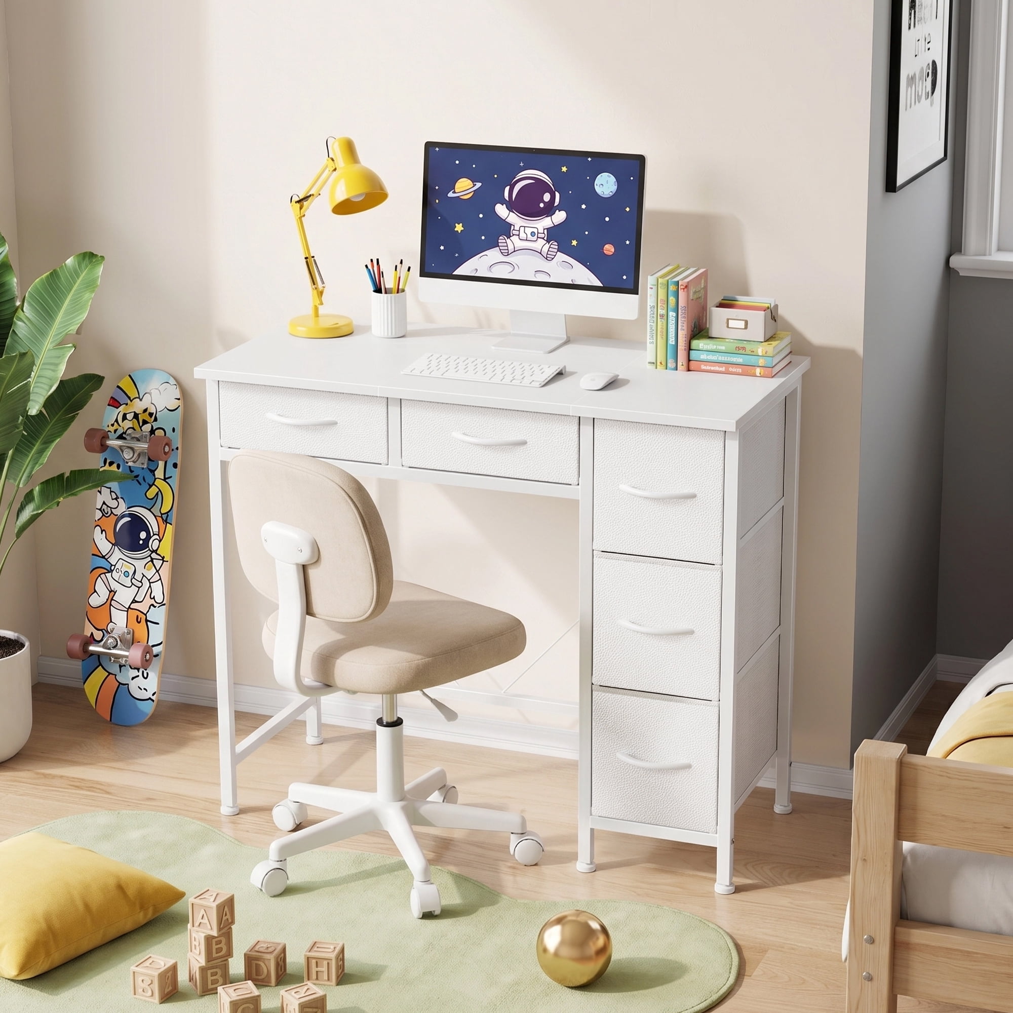 HIGDBFE Small Desk with 5 Fabric Drawers, Computer Desk with Iron Hook for Bedroom Home Office, White