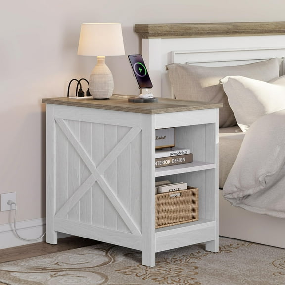 DEXTRUS Farmhouse Nightstand with Charging Station and Storage, Suitable for All Ages, White