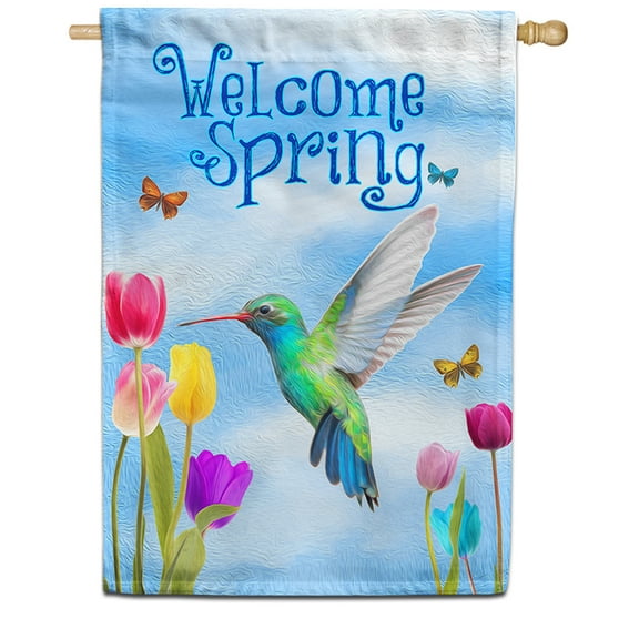 America Forever Spring Hummingbird and Tulips House Flag, 28 x 40 inch Double Sided, Welcome Spring Hummingbird Tulip Butterfly Spring Flowers Outdoor Yard Decor