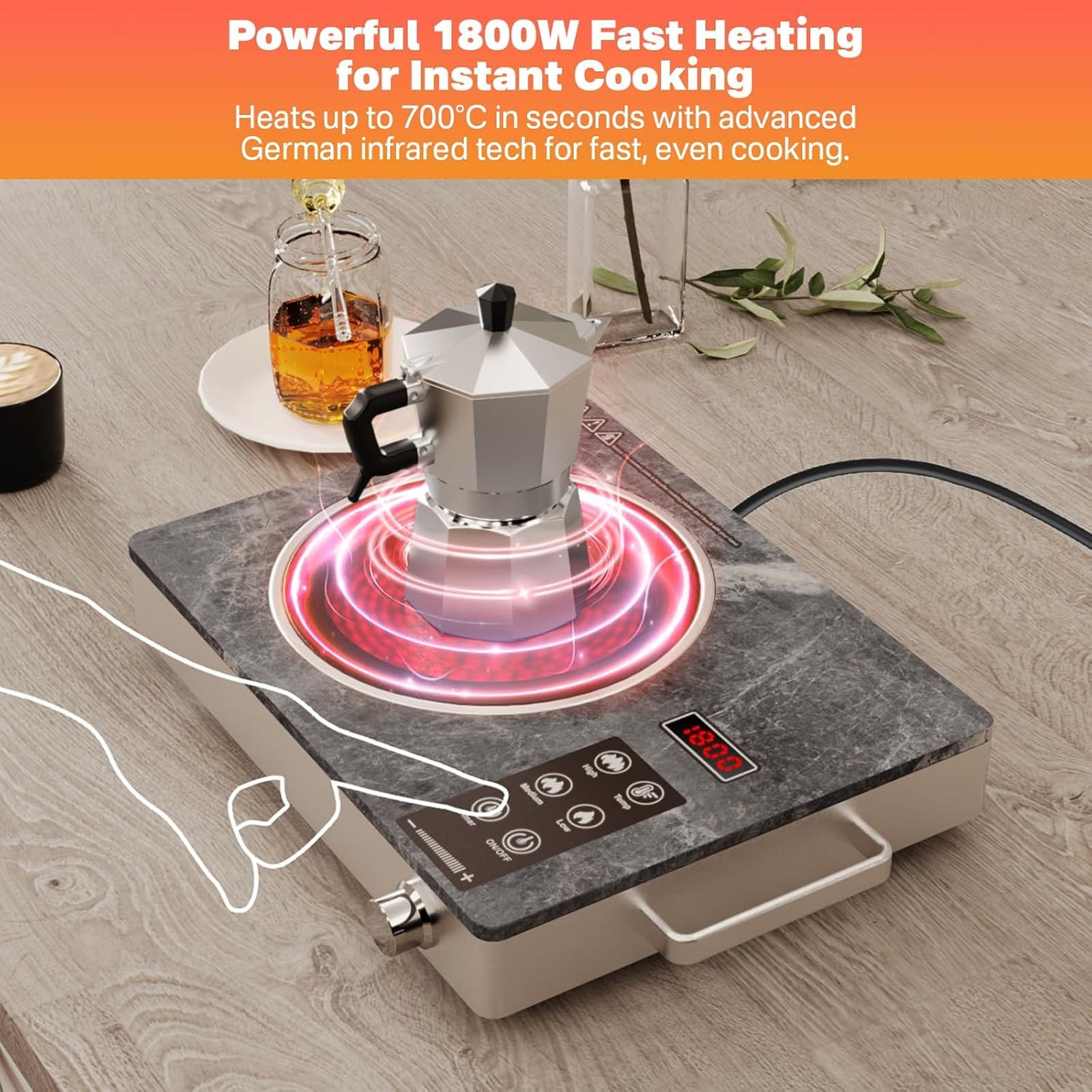 1800W Single Burner Electric Stove Top, Portable Infrared Electric Cooktop, 110V Ceramic Hot Plate with Handles, Countertop Stove Cooktop with Timer & Touch & Knob Control for All Cookware