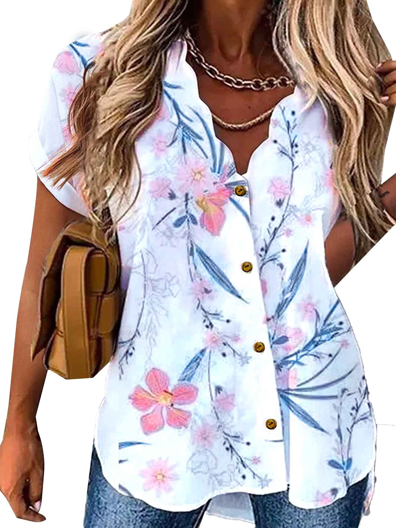 DYMADE Women Plus Size Wavy Collar Shirt Short Sleeve Printed Button ...