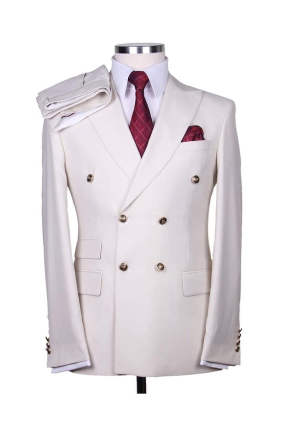 Mens Designer Modern Fit Double Breasted Wool Suit with Gold Buttons in White