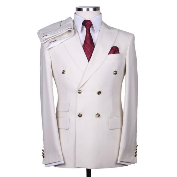 Mens Designer Modern Fit Double Breasted Wool Suit with Gold Buttons in White