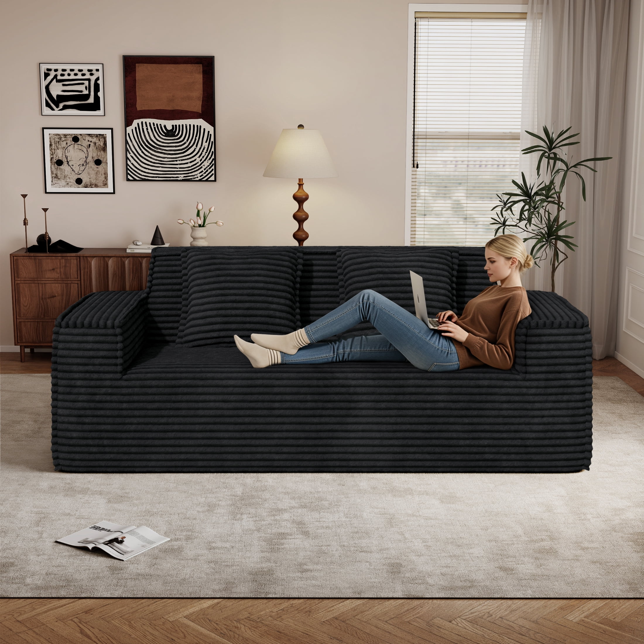 Hawsaiy 75" Corduroy Loveseat Sofa for Small Spaces, Wide Armrests, Removable Pillows, Vacuum-Packed Foam Couch, Black
