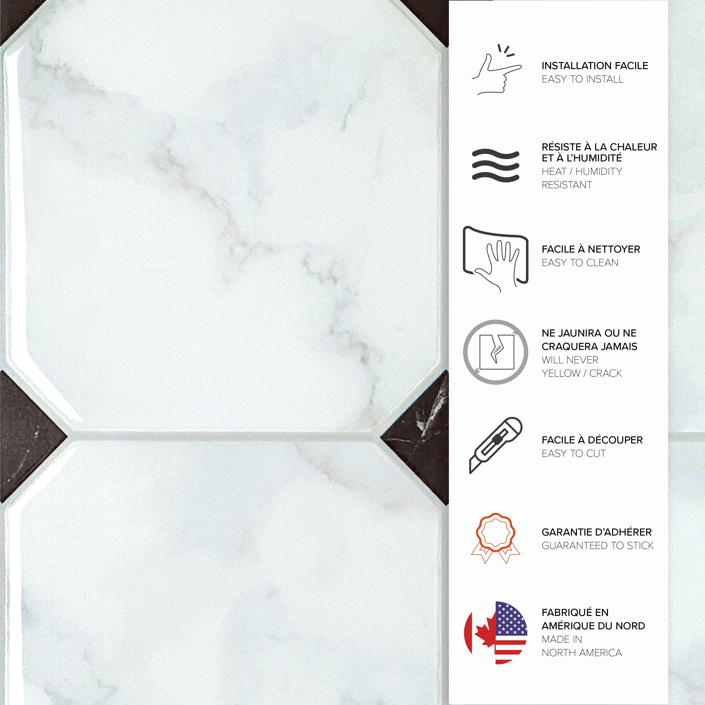 Smart Tiles Peel and Stick Backsplash, 5 Adhesive Tiles, Betera White/Grey/Black, 7.75"x7.75"