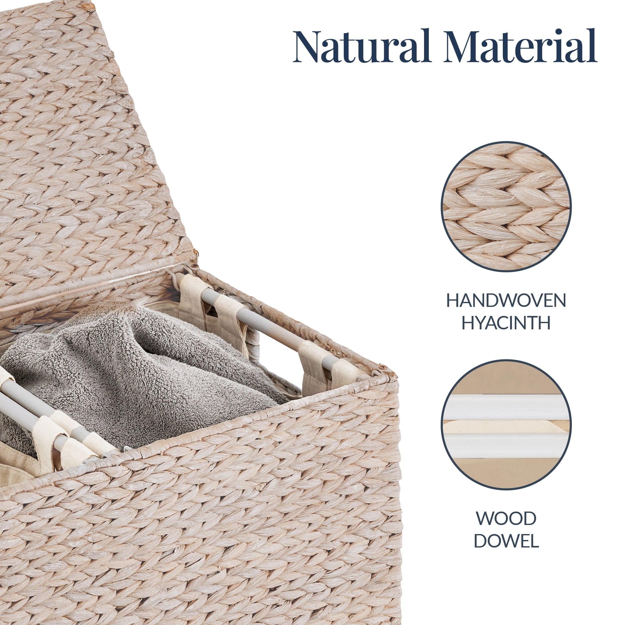 Best Choice Products Large Natural Water Hyacinth Double Laundry Hamper Basket w/ 2 Liner Bags, Handles - Whitewash