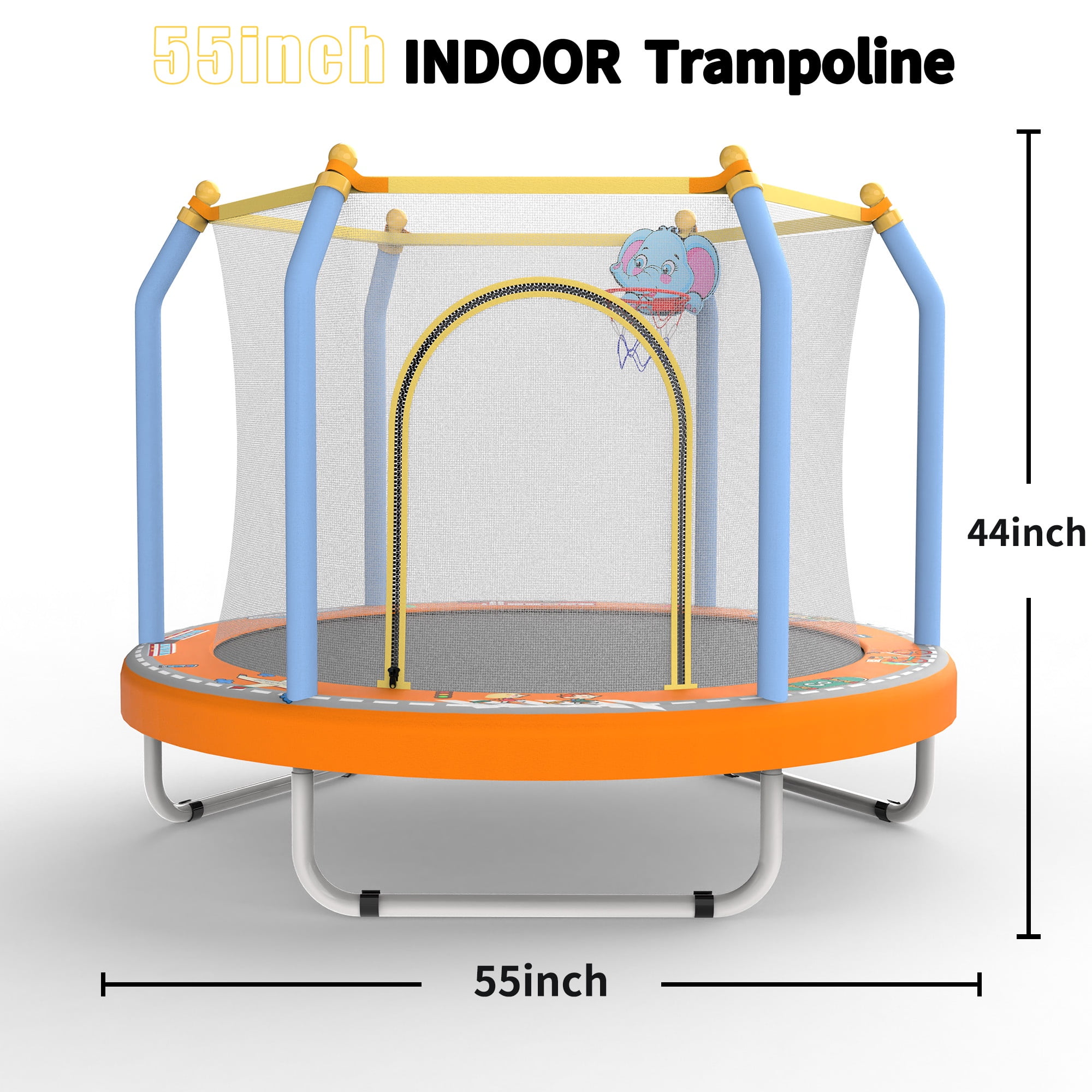 55" Toddler Trampoline with Basketball Hoop, Shinpt Mini Trampoline for Kids, Recreational Trampoline for Birthday Gift, Outdoor Trampoline with Enclosure Net, Round Trampoline Backyard, Indoor