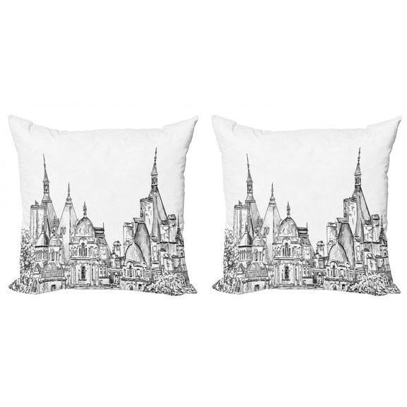Ambesonne Modern Throw Pillow Cover 2 Pack, Sketchy Art Landmark, 16", Black and White