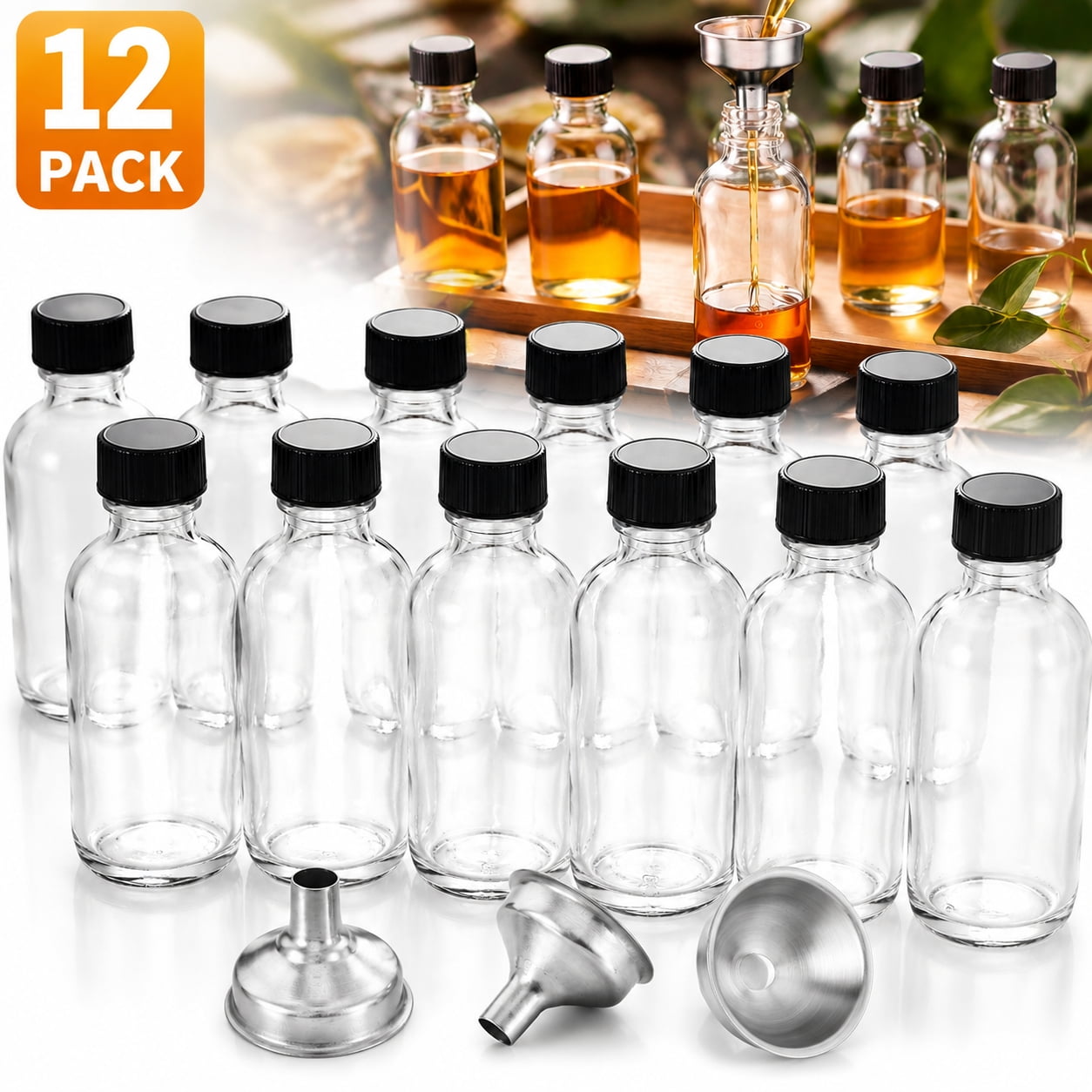 Deally 2 oz Small Glass Bottles - 12 Pack Glass Containers with Lids and 3 Funnels, 60ml Boston Shot Bottles for Health, Immunity, Potion, Sample - Mini Personal Care & Beauty Travel Bottle