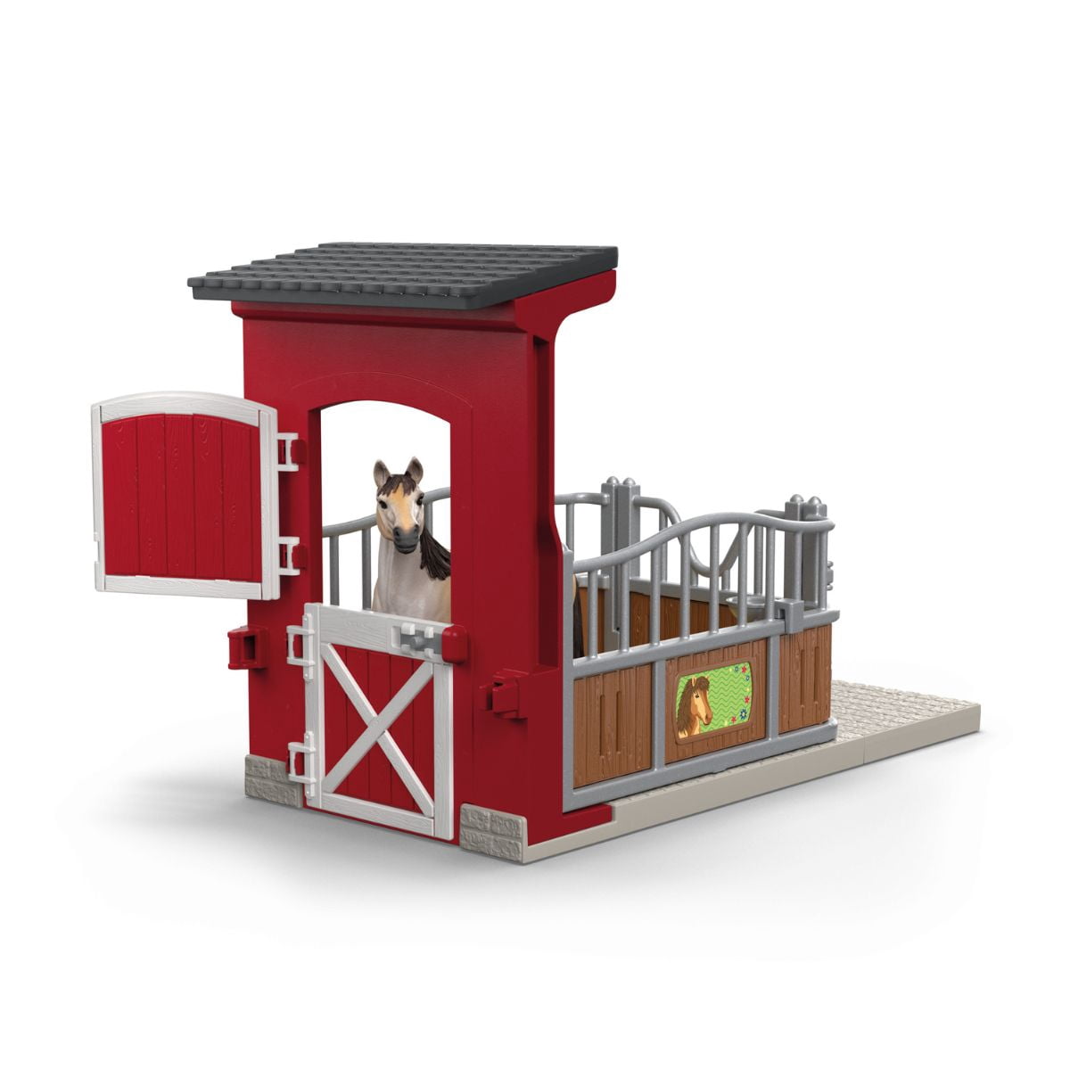 Schleich Farm World - 4pc Horse Stall & Mare Toy Set for Kids - Customizable Write-On Name Tag for Realistic Stall - Farm Animal Toys - Interactive Play for Kids Ages 3+ 42724
