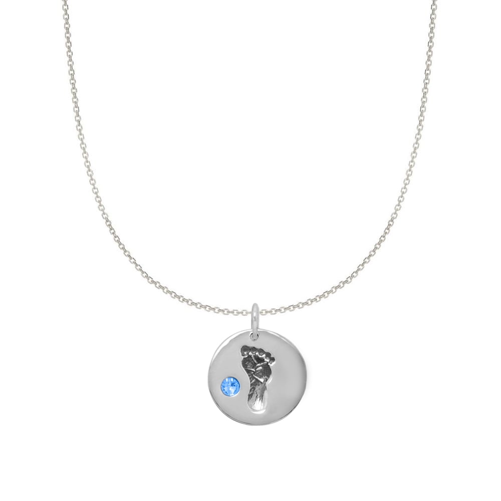 Sterling Silver Girls .8mm Round July Crystal Birth Month Baby Footprint Pendant Necklace