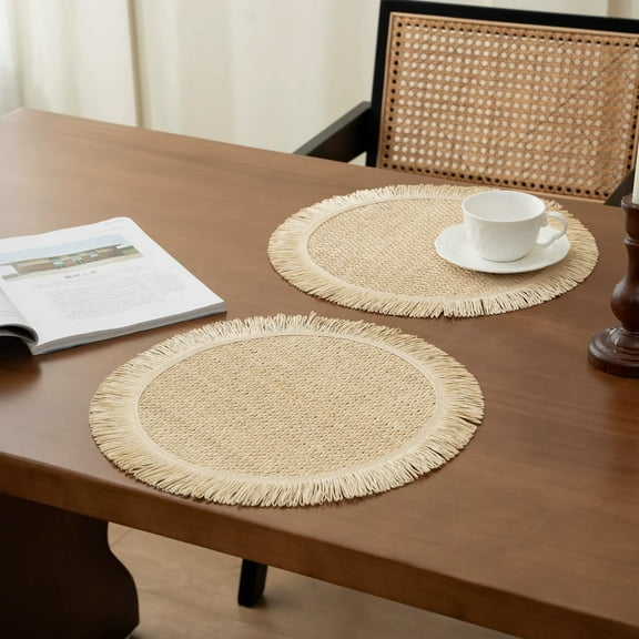 Fennco Styles Woven Fringe Solid Color Placemats 15" Round, Set of 4 - Ivory Hand Braided Table Mats for Home, Dining Room, Boho Decor, Banquets, Family Gathering and Special Occasion