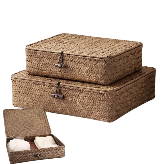 Set of 2 Flat Woven Wicker Storage Bins with Lid Natural Seagrass Basket Multipurpose Home Boxes for Shelf Organizer (Coffee)