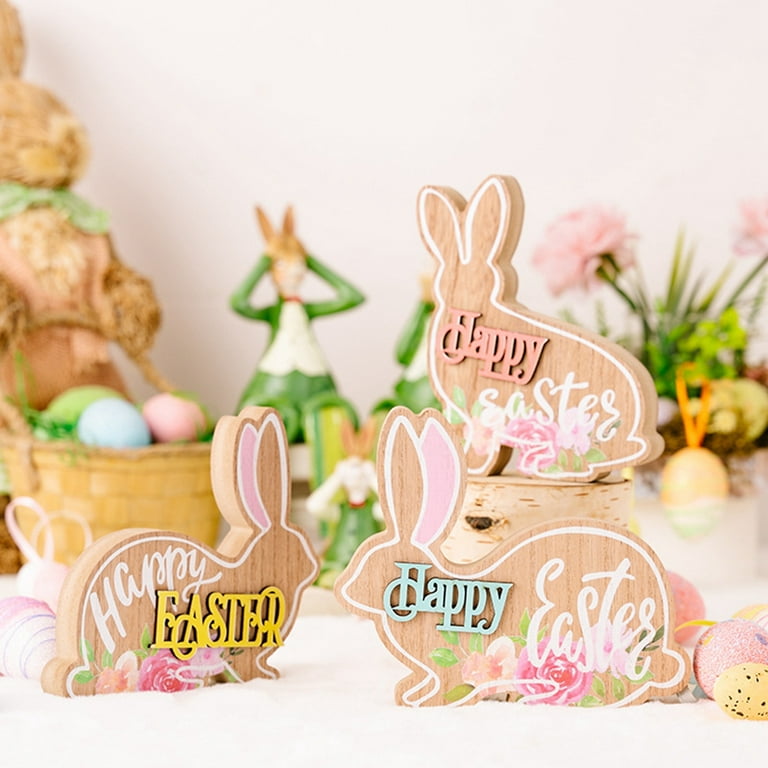 Treory Easter Decorations for The Home, 4 pcs Easter Bunny Natural Wooden  Table Centerpiece Signs Easter Decor Rustic Freestanding Tabletop for Home