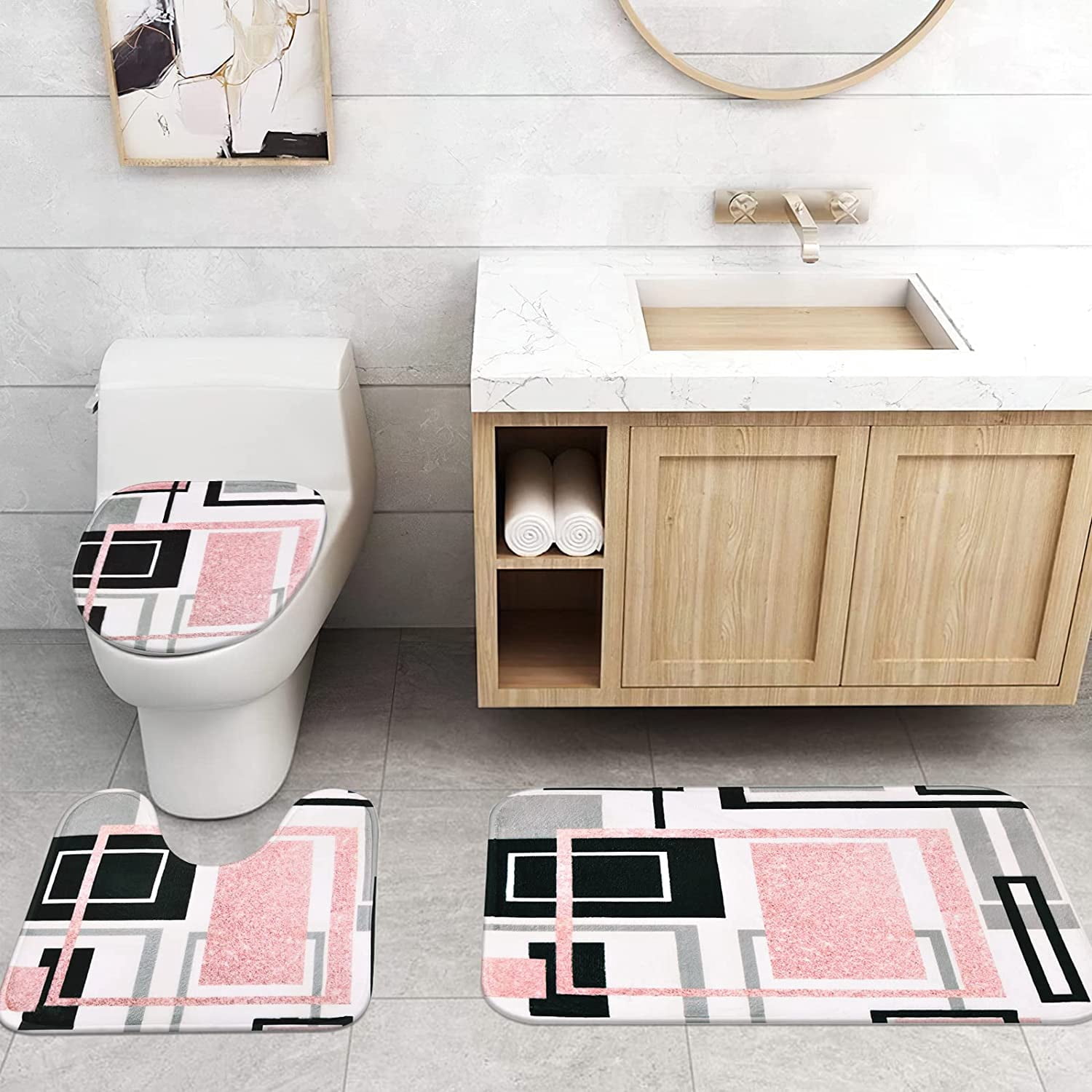 FRAMICS Pink Geometric Shower Curtain Sets with Rugs, 16 Pc Modern Abstract Bathroom Sets, Waterproof Fabric Bathroom Curtain Decor with Hooks